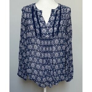 Sundance Women's Small Blouse Top Navy Blue White Floral Sheer Long‎ Sleeve